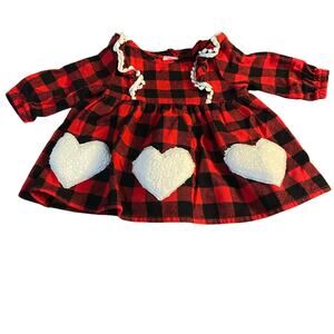 Goodlad red black checkered fleece heart long sleeve ruffle baby‎ shirt SIZE 6M